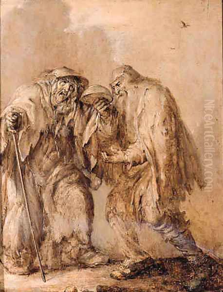 An old couple begging he holding an upturned bowl, she holding a cane - en brunaille Oil Painting by Adriaen Pietersz. Van De Venne