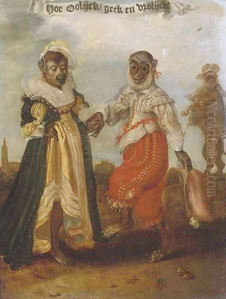 'Hoe oolijck geck en vrolijck' Two dancing monkeys dressed as a wealthy couple Oil Painting by Adriaen Pietersz. Van De Venne