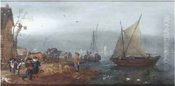 A river landscape with figures on the bank near an inn, shipping beyond Oil Painting by Adriaen Pietersz. Van De Venne