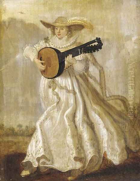 A lady dancing and playing the lute in a landscape Oil Painting by Adriaen Pietersz. Van De Venne