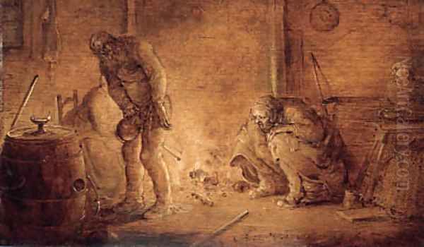 Elderly people by a fire in a barn - en brunaille Oil Painting by Adriaen Pietersz. Van De Venne