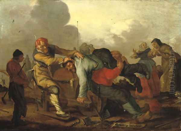 Figures brawling with onlookers on a road Oil Painting by Adriaen Pietersz. Van De Venne