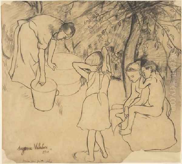 Drawing For The Drypoint Childrens Bath In The Garden Oil Painting by Suzanne Valadon