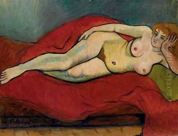 Nu allonge a la draperie rouge Oil Painting by Suzanne Valadon