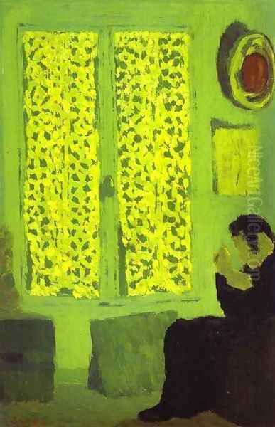 The Green Interior or Figure in front of a Window with Drawn Curtains (L'Interieur vert ou Figure aupres d'une fenetre a rideaux fermes) 1891 Oil Painting by Jean-Edouard Vuillard