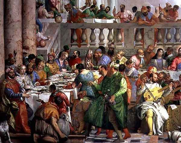 The Marriage Feast at Cana, detail of banqueting table with man in a green robe and dwarf with a parrot, c.1562 Oil Painting by Paolo Veronese (Caliari)