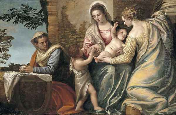 Madonna and Child with St. Elizabeth, the Infant St. John the Baptist and St. Justina, 1565-70 Oil Painting by Paolo Veronese (Caliari)