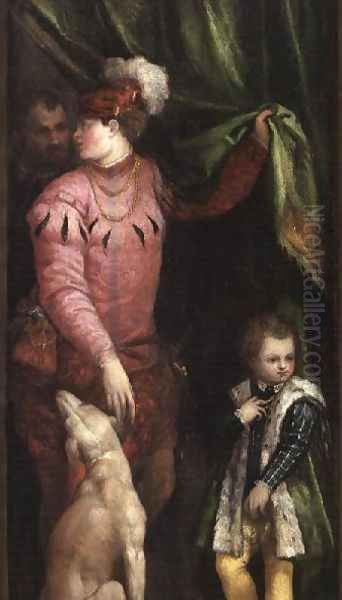 A youth with elegantly dressed boy and greyhound Oil Painting by Paolo Veronese (Caliari)