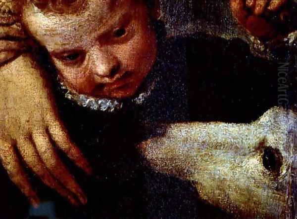 Portrait of a Woman with a Child and a Dog, detail of the heads of the child and the dog Oil Painting by Paolo Veronese (Caliari)