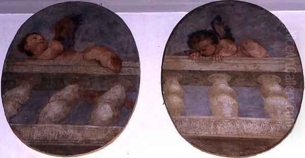 Two winged putti climbing over a balustrade, roundels from the sacristy Oil Painting by Paolo Veronese (Caliari)