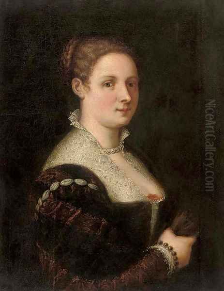 Portrait of a lady, half-length, in a red and black brocade dress with a white lace collar Oil Painting by Paolo Veronese (Caliari)