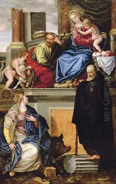 The Holy Family with the Infant Saint John the Baptist, Saint Anthony Abbot and Saint Catherine Oil Painting by Paolo Veronese (Caliari)