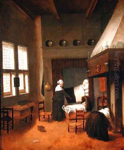 Bedroom Interior with Mother and New-Born Child Oil Painting by Jacobus Vrel