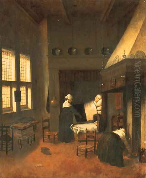 A bedroom with a woman in bed, her child in a cot and nurses Oil Painting by Jacobus Vrel