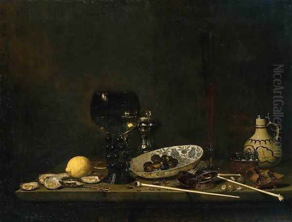 Still-Life with Romer, Flute Glass, Earthenware Jug and Pipes 1651 Oil Painting by Jan Jansz. Van De Velde