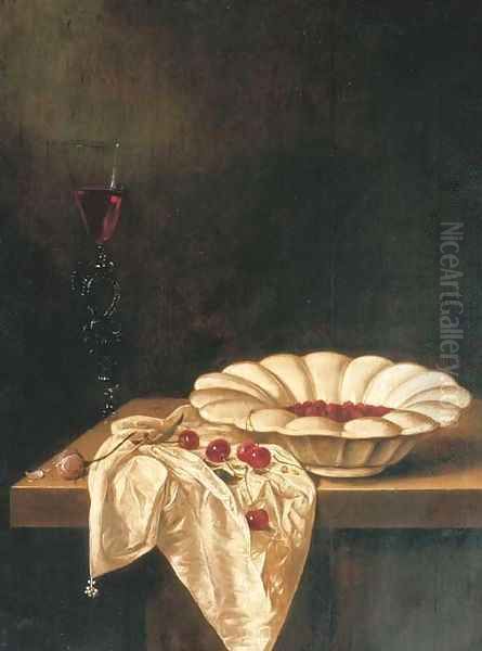 Wild strawberries in a glazed earthenware bowl with a facon de Venise of red wine, a pink rose and cherries on a partially draped wooden ledge Oil Painting by Jan Jansz. Van De Velde