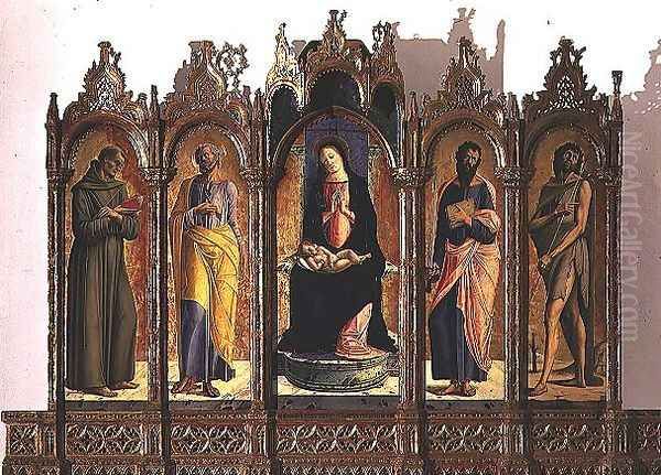 Polyptych depicting central panel Madonna and Child Enthroned, St. Dominic and St. Peter left hand panels, St. Paul and St. John the Baptist right hand panels, 1476 Oil Painting by Alvise Vivarini