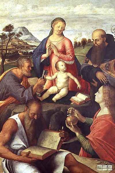 Madonna and Child with SS. Peter, Jerome and Mary Magdalene with a Bishop, 1500 Oil Painting by Alvise Vivarini