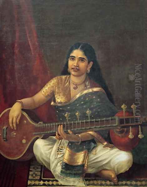 Young Woman with a Veena Oil Painting by Raja Ravi Varma