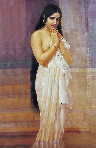 Fresh from Bath Oil Painting by Raja Ravi Varma