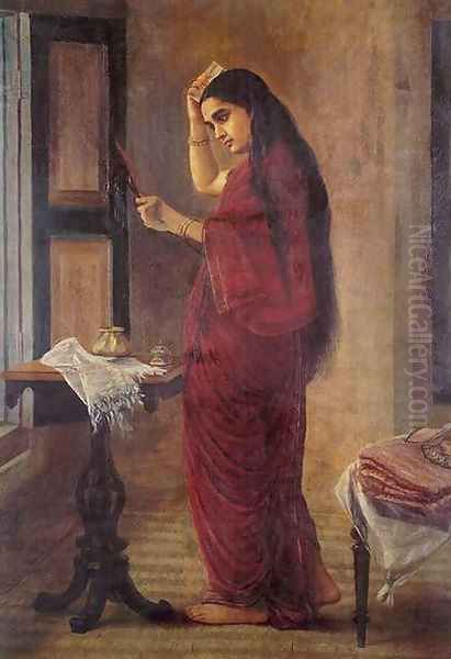 The Lady with a Mirror Oil Painting by Raja Ravi Varma