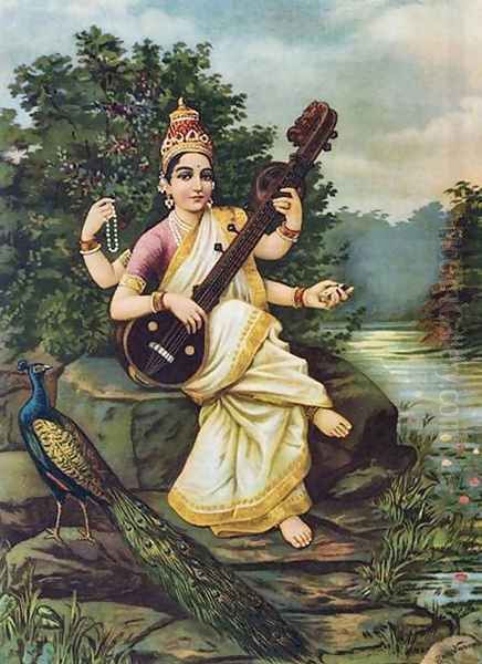 Goddess Saraswathi 2 Oil Painting by Raja Ravi Varma