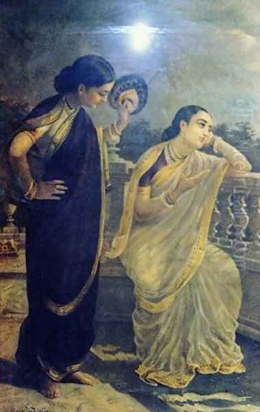 Ladies in the Moonlight Oil Painting by Raja Ravi Varma