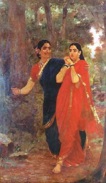 Droupathi and Simhika Oil Painting by Raja Ravi Varma