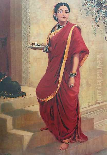 Lady Going for Pooja Oil Painting by Raja Ravi Varma