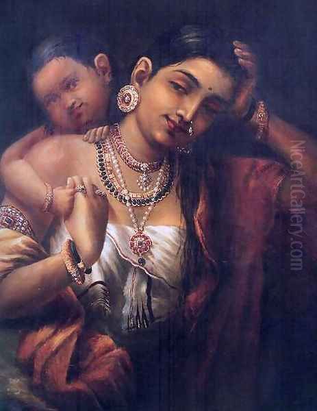 Yasodha and Krishna Oil Painting by Raja Ravi Varma