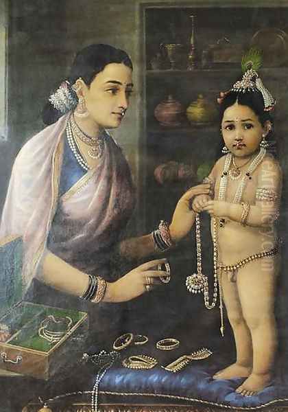 Yasoda Adorning Krishna Oil Painting by Raja Ravi Varma