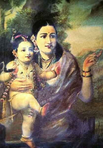 Yesoda With Krishna Oil Painting by Raja Ravi Varma