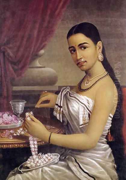 Lady with Flower Garland Oil Painting by Raja Ravi Varma