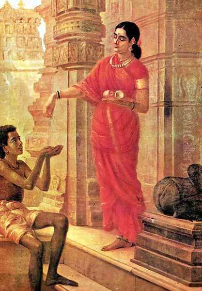 Lady Giving Alms Oil Painting by Raja Ravi Varma