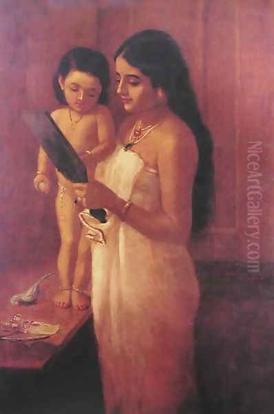 Looking into the Mirror Oil Painting by Raja Ravi Varma