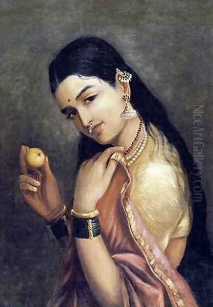 Lady Holding a Fruit Oil Painting by Raja Ravi Varma