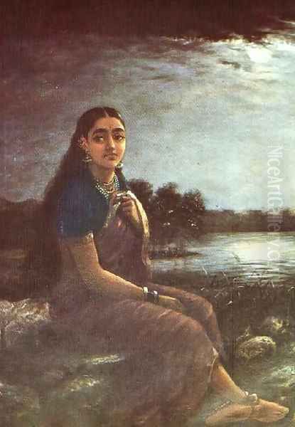 Lady in the Moon Light Oil Painting by Raja Ravi Varma