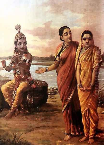 Introducing Radha to Krishna Oil Painting by Raja Ravi Varma