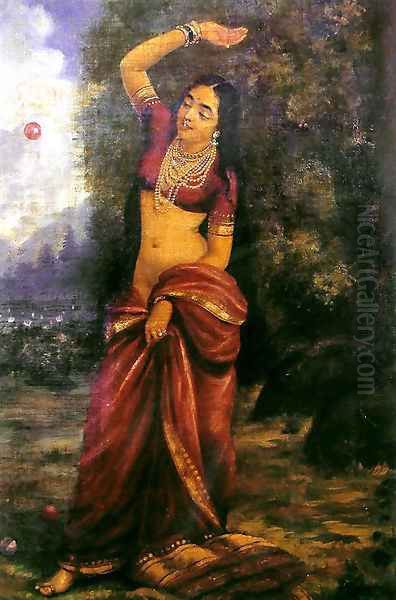 Lady at Ball Game Oil Painting by Raja Ravi Varma