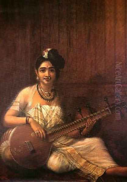 Lady with Veena Oil Painting by Raja Ravi Varma