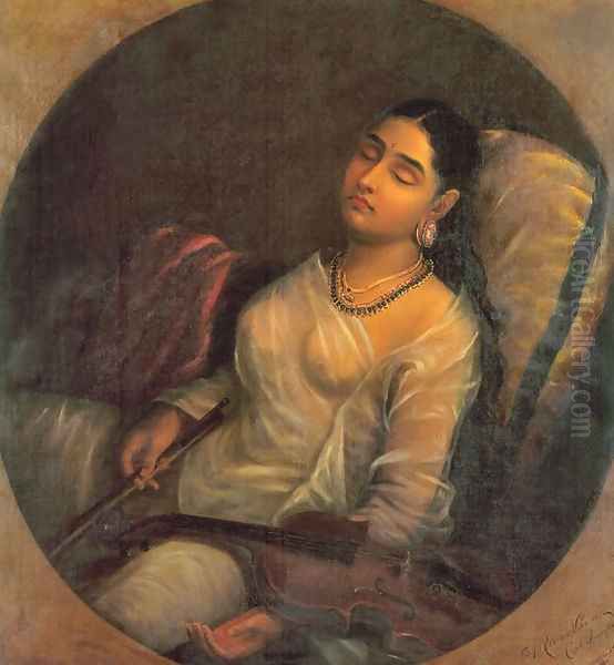 Lady Resting on the Pillow Oil Painting by Raja Ravi Varma