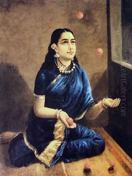 Lady Juggler Oil Painting by Raja Ravi Varma