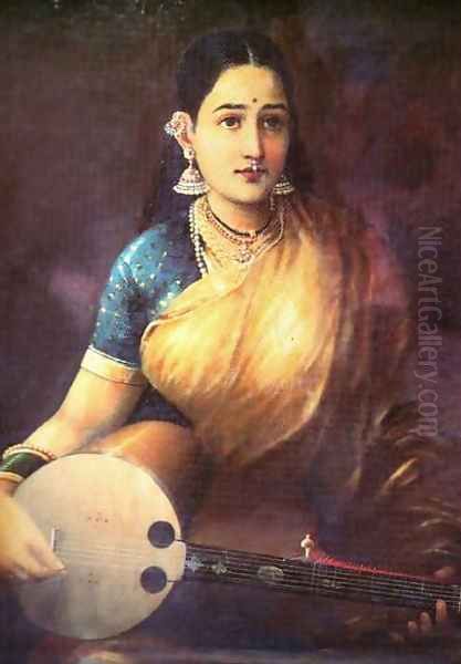 Lady with Swarbat Oil Painting by Raja Ravi Varma