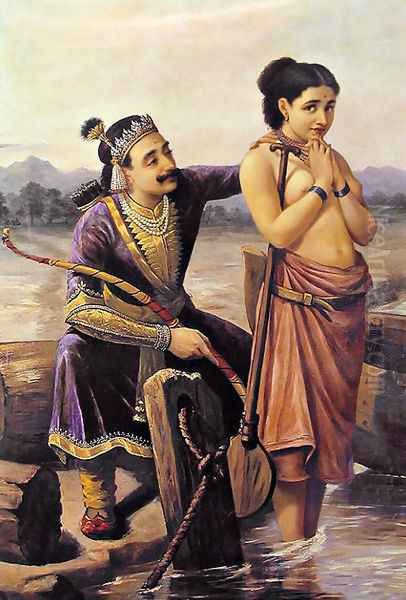 Santhanu and Matsyagandhi Oil Painting by Raja Ravi Varma