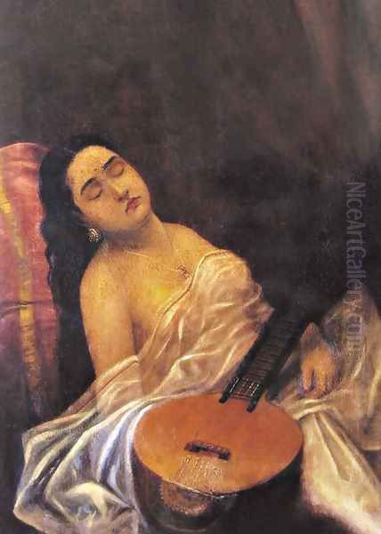 Sleeping Beauty Oil Painting by Raja Ravi Varma