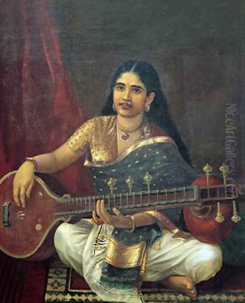 Woman with Veena Oil Painting by Raja Ravi Varma