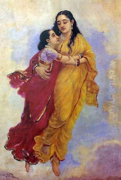 Menaka and Sakunthala Oil Painting by Raja Ravi Varma