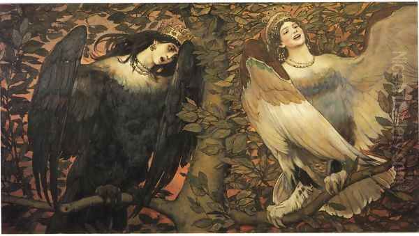 Sirin and Alkonost: Birds of Joy and Sorrow. 1896 Oil Painting by Viktor Vasnetsov