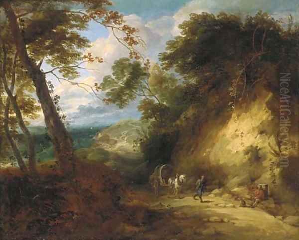 A wooded landscape with travellers on a path Oil Painting by Lodewijk De Vadder