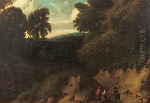 A sportsman conversing with travellers on a path at the edge of a wood Oil Painting by Lodewijk De Vadder